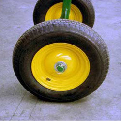 Wheels are easily removed from wheel axle shaft. Simply remove pin and slide the tyre off 